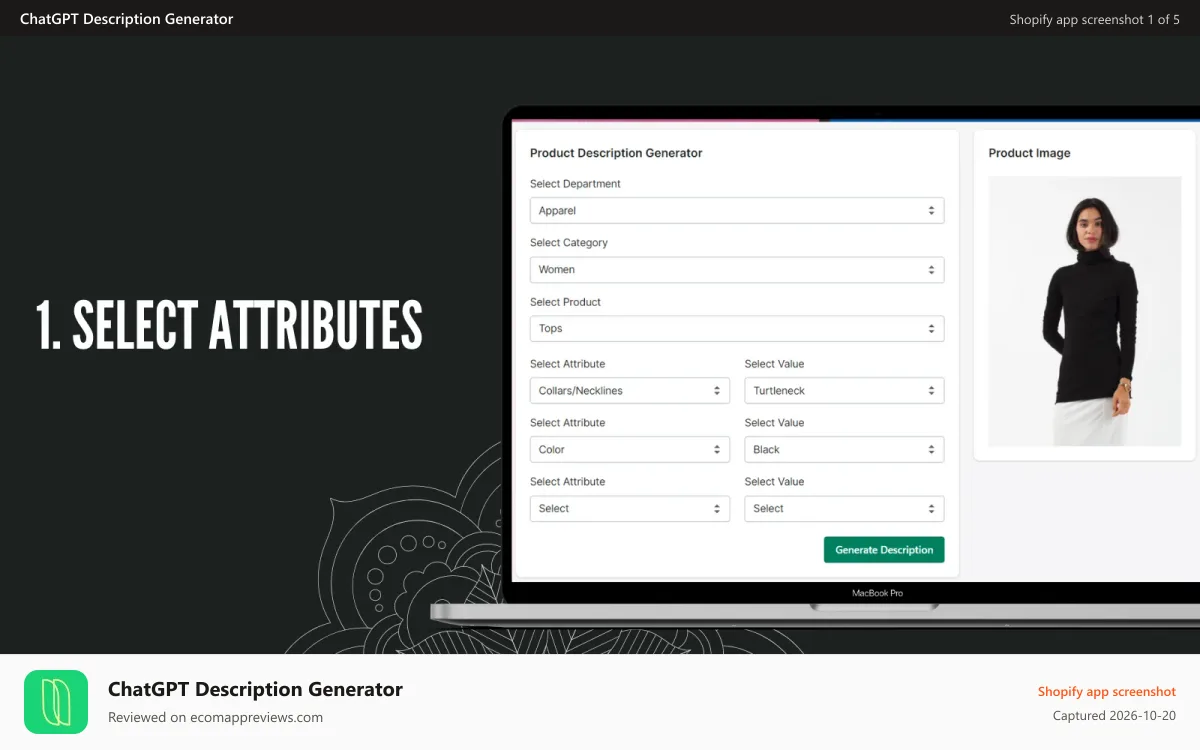 ChatGPT Description Generator Shopify app screenshot: PRODUCT DESCRIPTION GENERATOR DESCRII.TECH STEP 1 SELECT OPTIONS