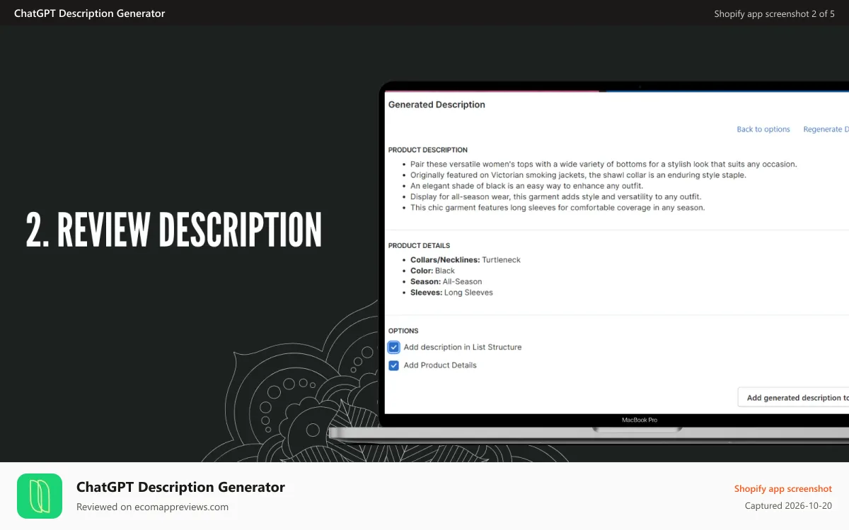 ChatGPT Description Generator Shopify app screenshot: DESCRIPTION GENERATOR DESCRII.TECH STEP 2 REVIEW DESCRIPTION