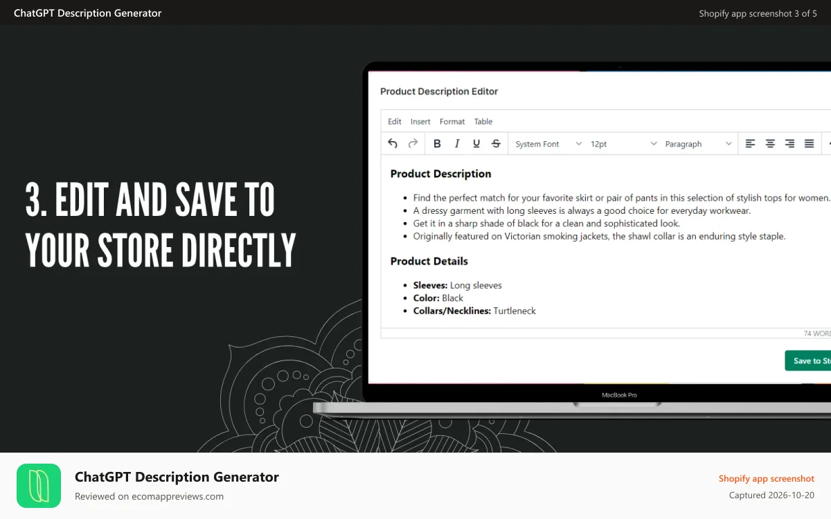 ChatGPT Description Generator Shopify app screenshot: DESCRIPTION GENERATOR DESCRII.TECH STEP 3 RICH TEXT EDITOR