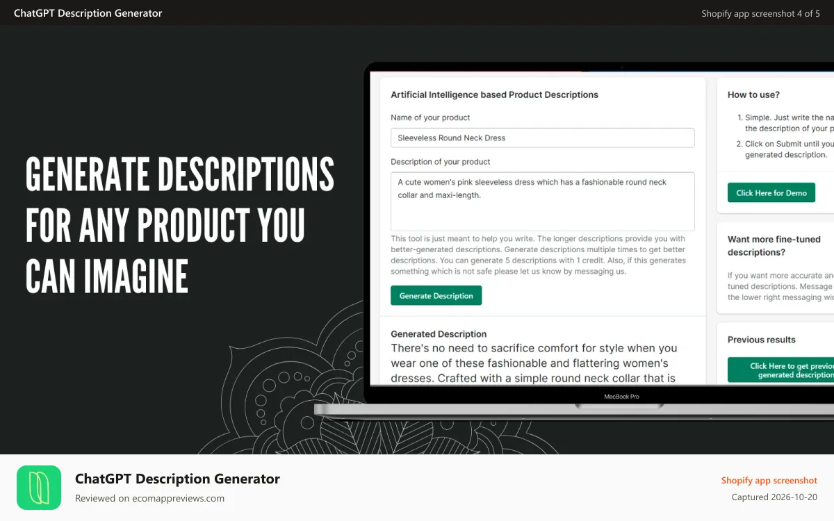 ChatGPT Description Generator Shopify app screenshot: ARTIFICIAL INTELLIGENCE BASED PRODUCT DESCRIPTION GENERATOR