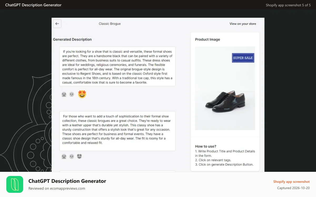 ChatGPT Description Generator Shopify app screenshot: AI Generated Product Descriptions look like this.