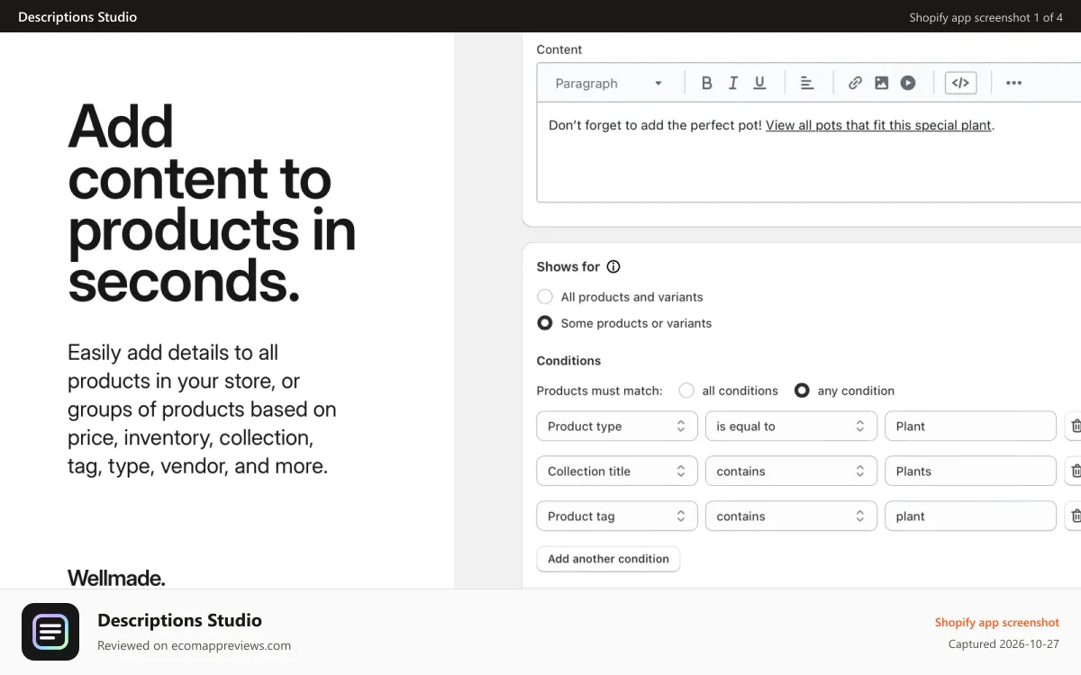 Descriptions Studio Shopify app screenshot: A product description composed of five reusable snippets