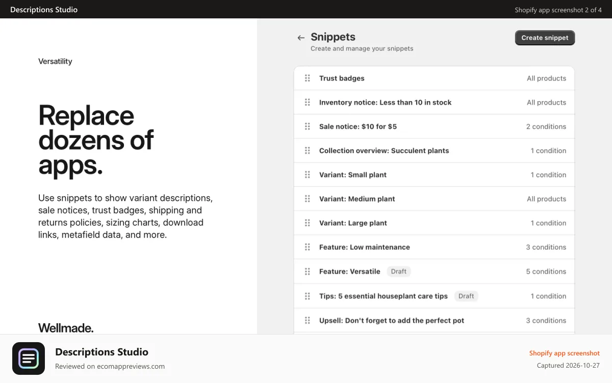 Descriptions Studio Shopify app screenshot: Replace dozens of apps