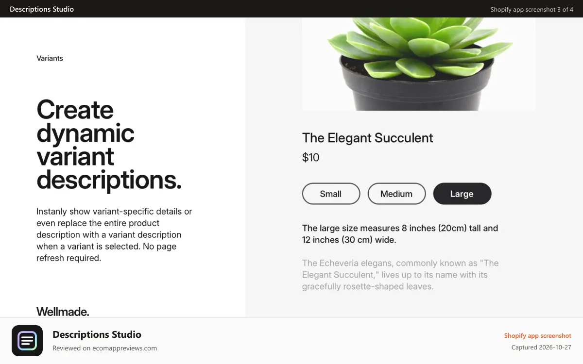 Descriptions Studio Shopify app screenshot: Create descriptions for individual variants