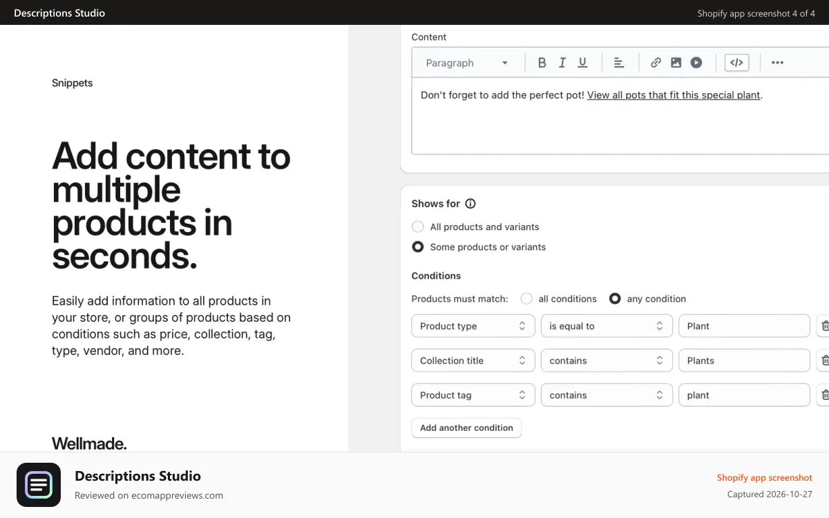 Descriptions Studio Shopify app screenshot: Add content to multiple products in seconds