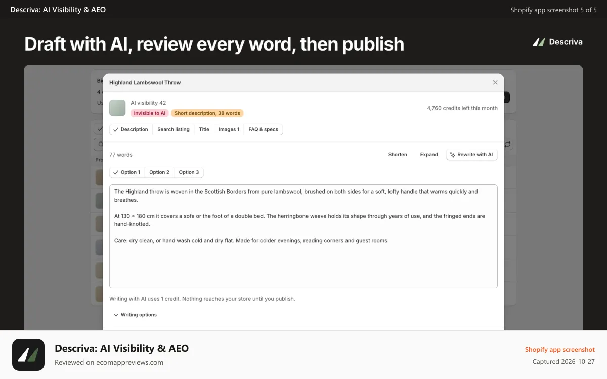 Descriva: AI Visibility & AEO Shopify app screenshot: Product popup drafting a description with AI before publishing