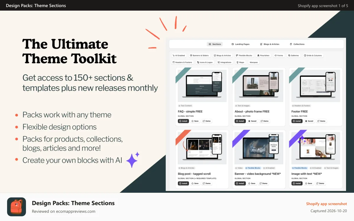 Design Packs: Theme Sections Shopify app screenshot: Screenshot of Design Packs App Packs