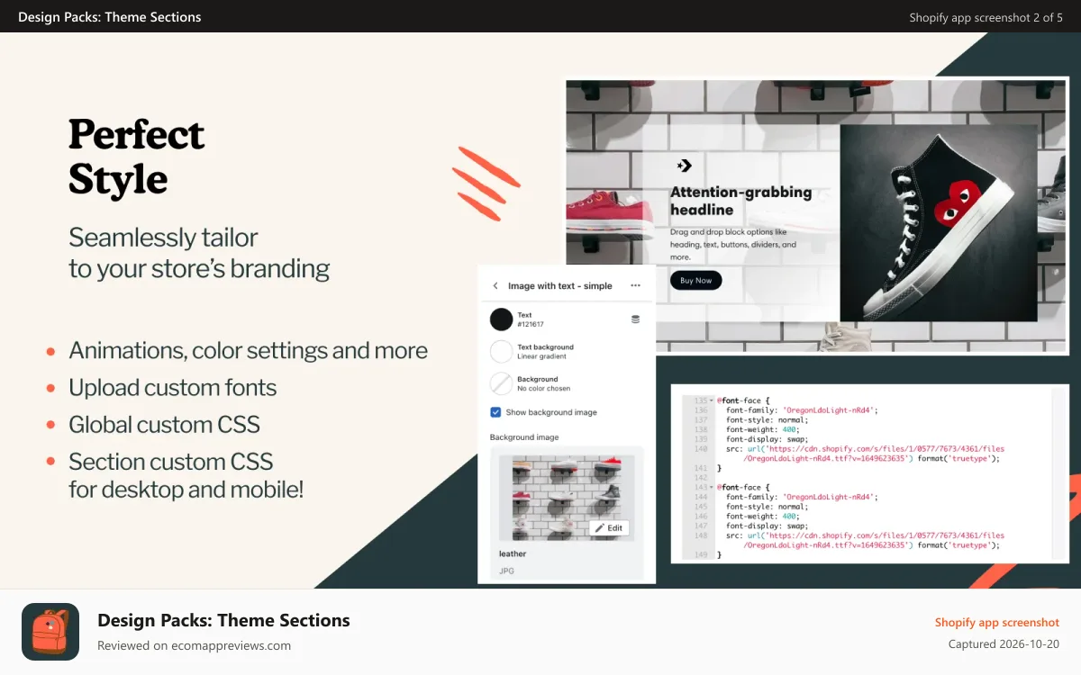 Design Packs: Theme Sections Shopify app screenshot: Perfect style - showing how you can add custom CSS and settings