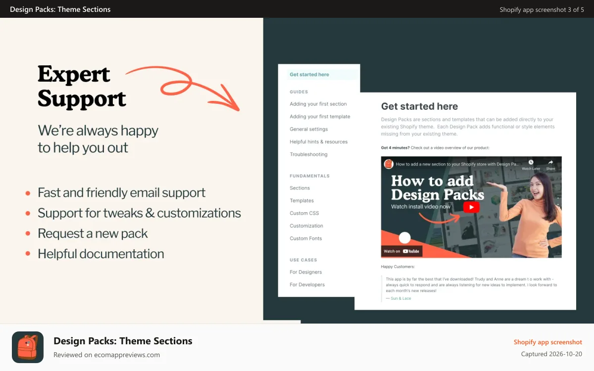 Design Packs: Theme Sections Shopify app screenshot: Expert Support - explaining all the ways to reach Design Packs