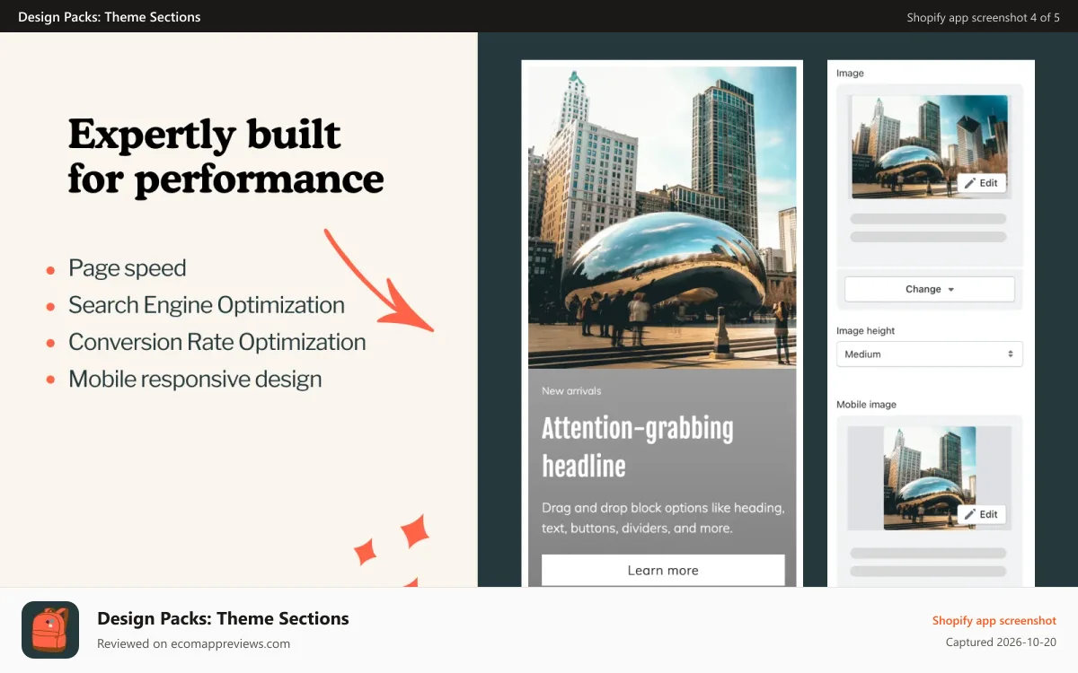 Design Packs: Theme Sections Shopify app screenshot: Performance - fast loading and built for high-functioning stores