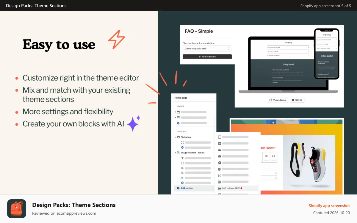 Design Packs: Theme Sections Shopify app screenshot: Easy to use - lots of settings and edit directly in theme editor