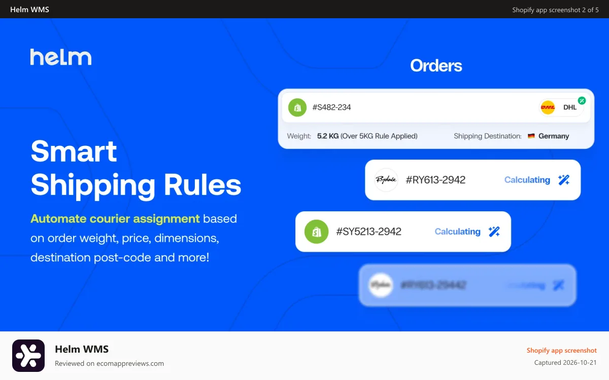 Helm WMS Shopify app screenshot: Helm’s Smart Rules Make Courier Selection Effortless.