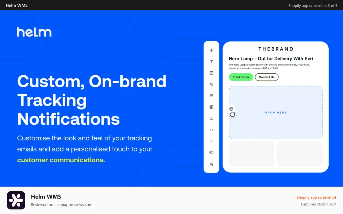 Helm WMS Shopify app screenshot: On-brand Tracking For All Your Customers.