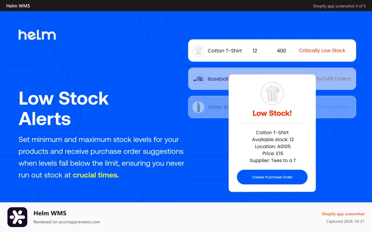 Helm WMS Shopify app screenshot: Running Out Of Stock? No Problem With Realtime Low Stock Alerts.
