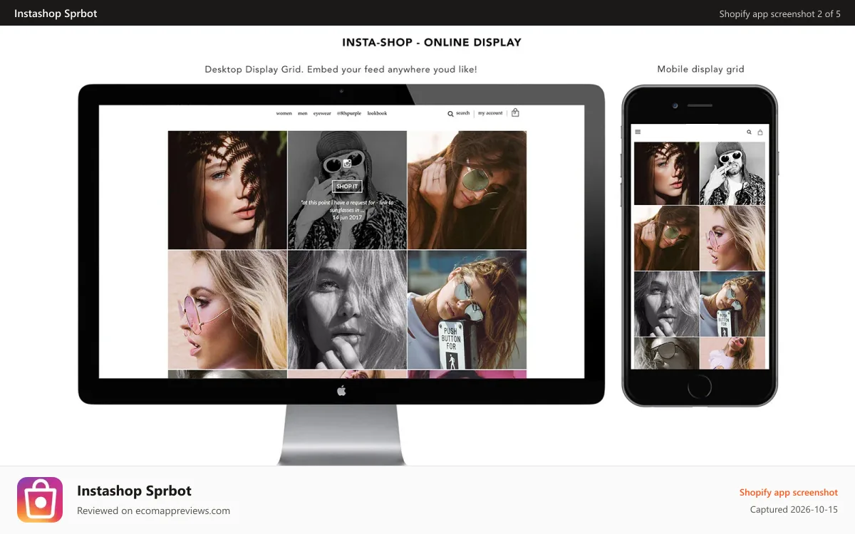 Instashop Sprbot Shopify app screenshot: Website Display