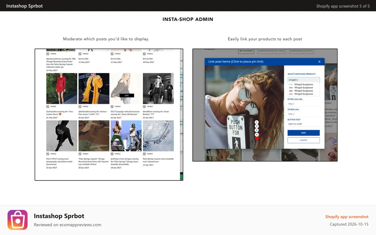 Instashop Sprbot Shopify app screenshot: Admin Link Products