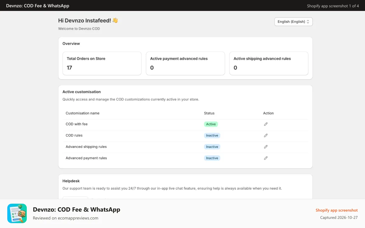 Devnzo: COD Fee & WhatsApp Shopify app screenshot: devzno-cod-app