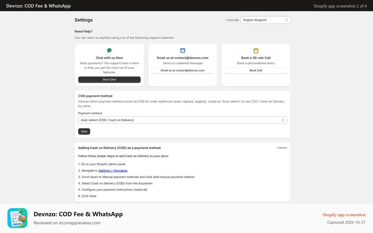 Devnzo: COD Fee & WhatsApp Shopify app screenshot: support-page