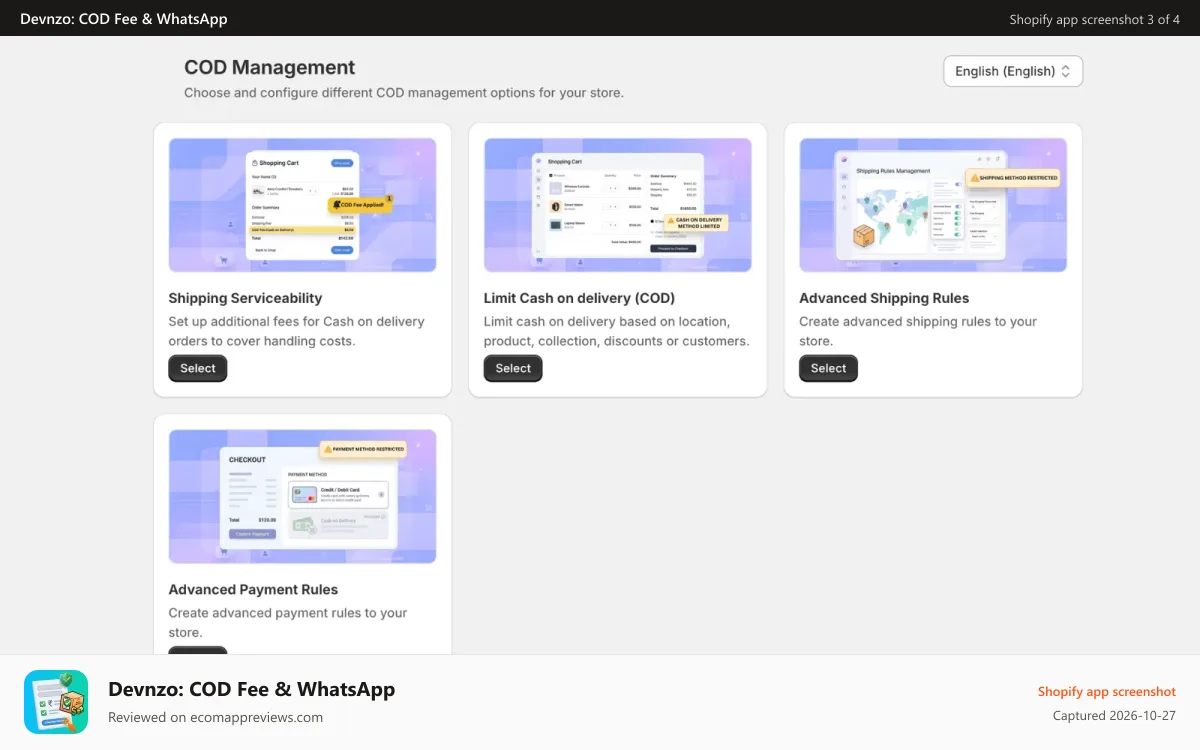 Devnzo: COD Fee & WhatsApp Shopify app screenshot: code-managed-page