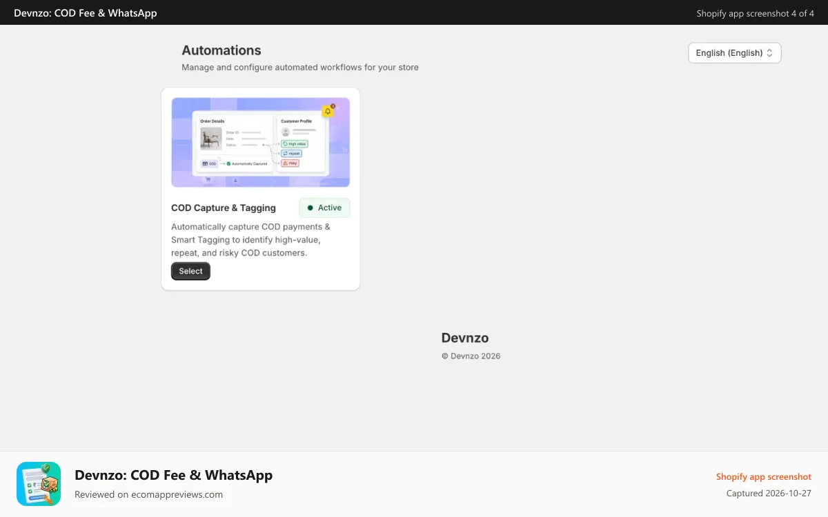 Devnzo: COD Fee & WhatsApp Shopify app screenshot: automation-page