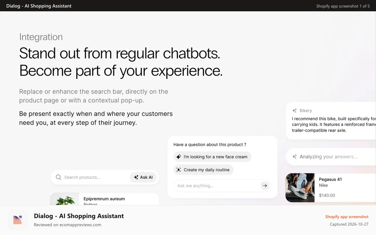 Dialog ‑ AI Shopping Assistant Shopify app screenshot: Stand out from regular agent. Become part of the experience.