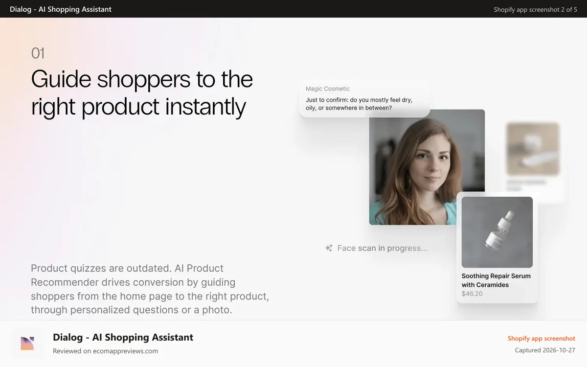 Dialog ‑ AI Shopping Assistant Shopify app screenshot: Guide Shopper to the right product instantly.