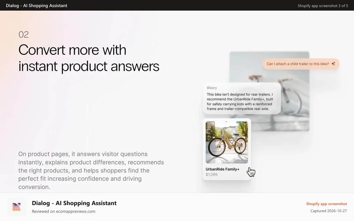 Dialog ‑ AI Shopping Assistant Shopify app screenshot: Convert more with instant product answers.