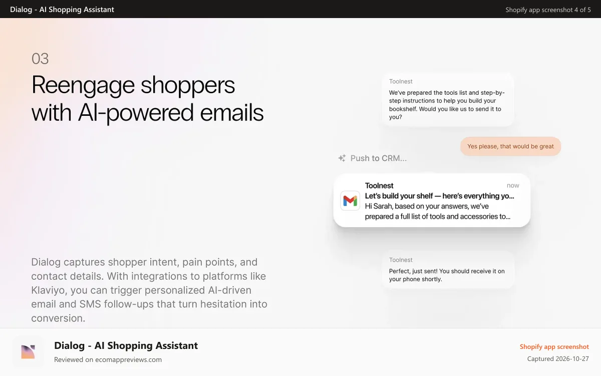 Dialog ‑ AI Shopping Assistant Shopify app screenshot: Reengage shoppers with AI-powered emails.