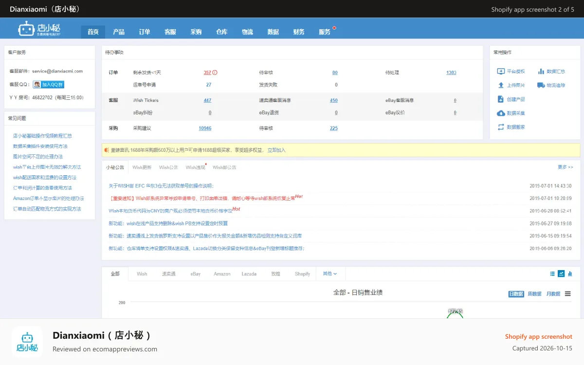 Dianxiaomi(店小秘) Shopify app screenshot: dianxiaomi_index