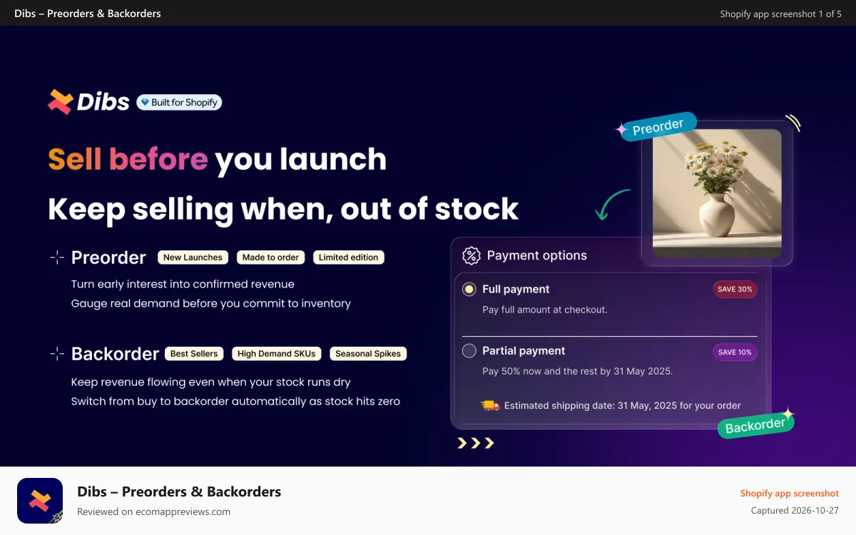 Dibs – Preorders & Backorders Shopify app screenshot: Shopify preorder & backorders with flexible payment options