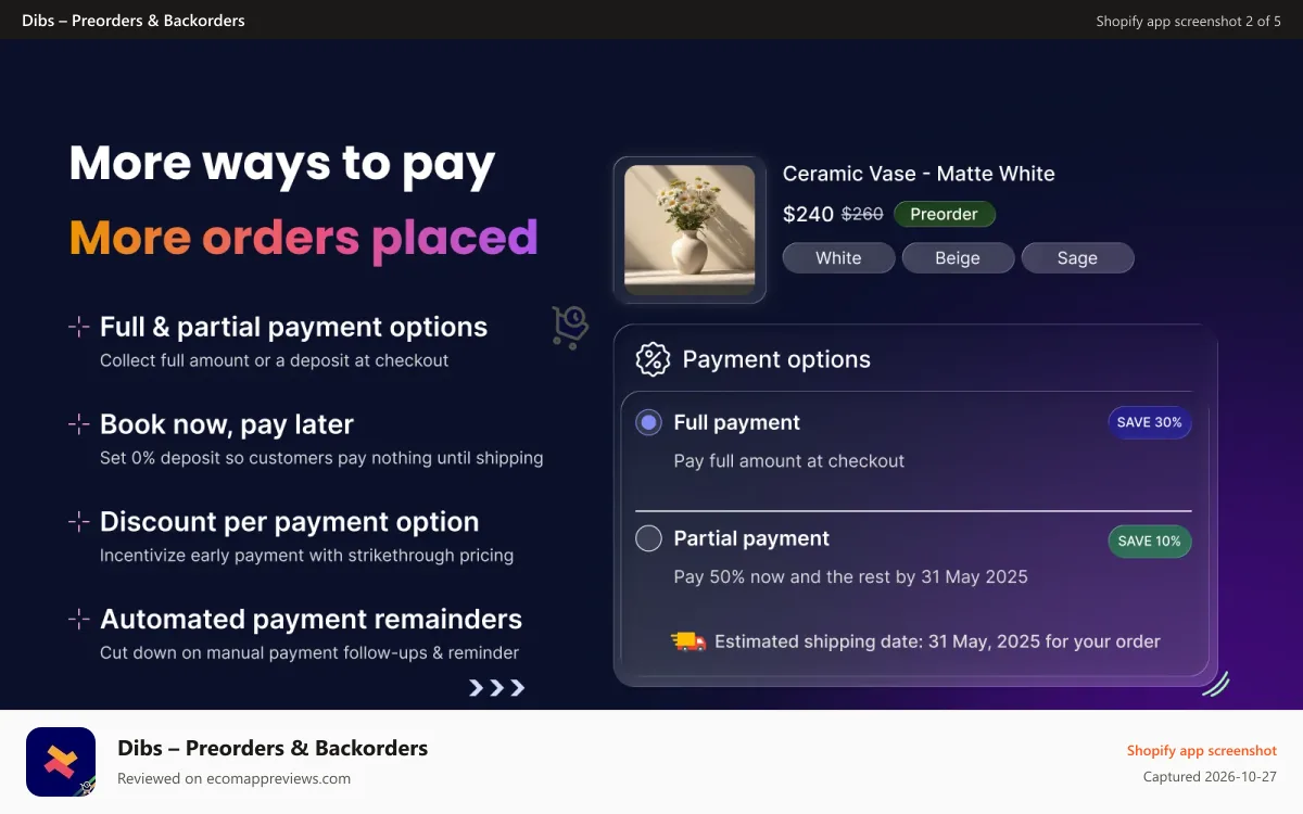 Dibs – Preorders & Backorders Shopify app screenshot: Full and partial payment, deposit and discounts