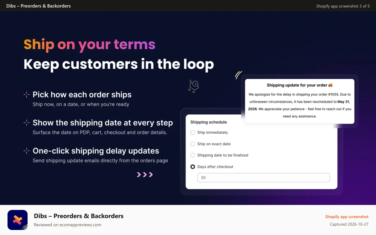 Dibs – Preorders & Backorders Shopify app screenshot: Flexible shipping options and shipping updates