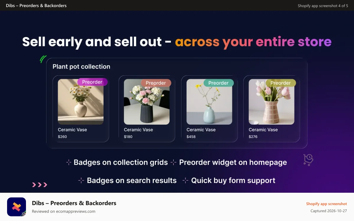 Dibs – Preorders & Backorders Shopify app screenshot: Extend preorder to collection, search and home pages.