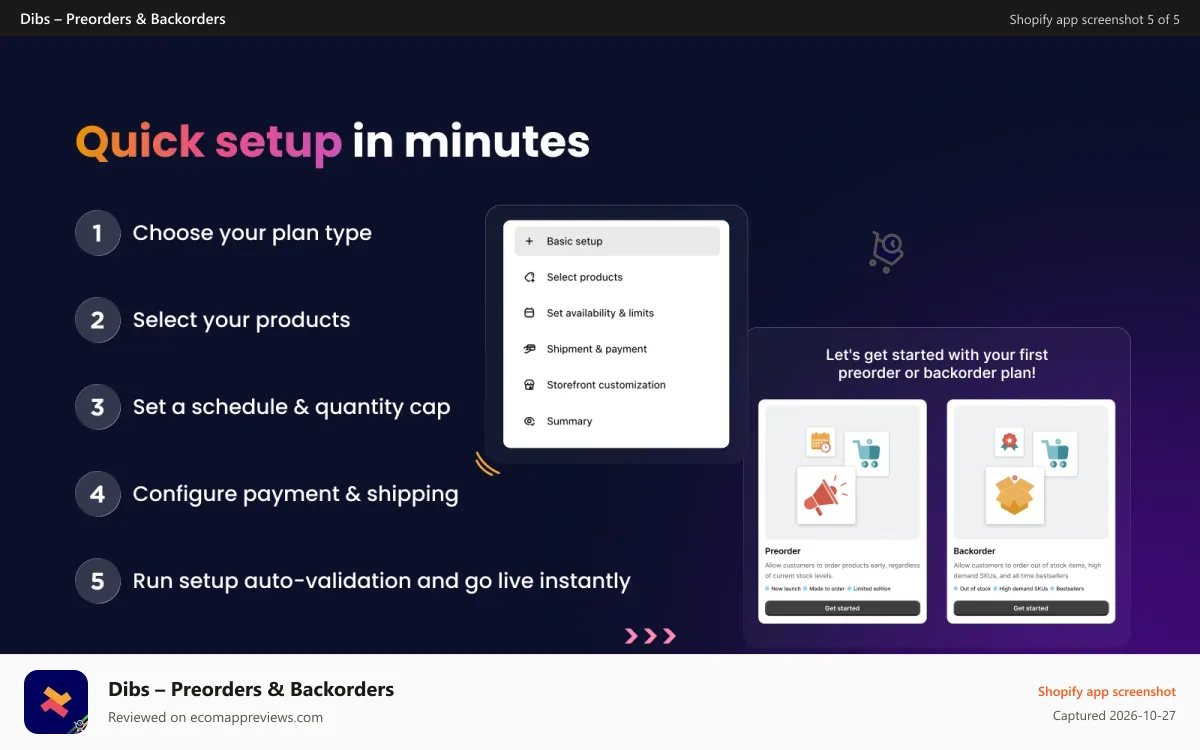 Dibs – Preorders & Backorders Shopify app screenshot: Quick guided onboarding and setup flow