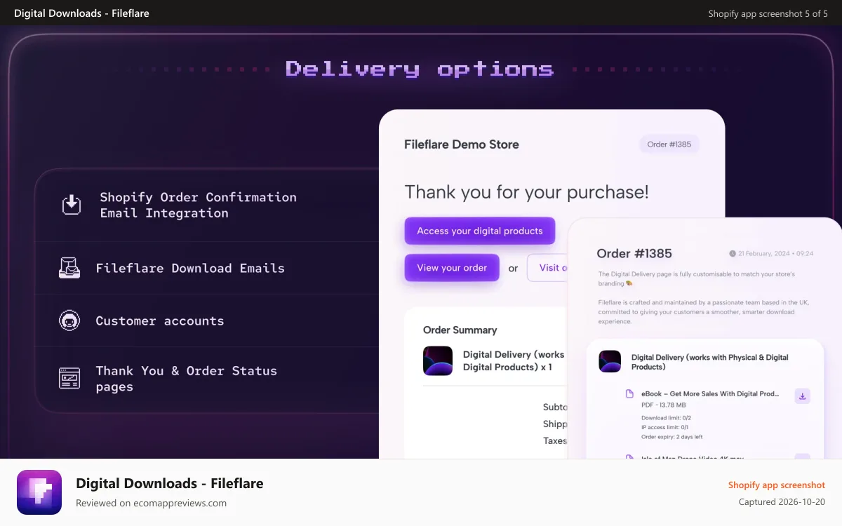 Digital Downloads ‑ Fileflare Shopify app screenshot: Deliver downloadable files by email, checkout, and accounts