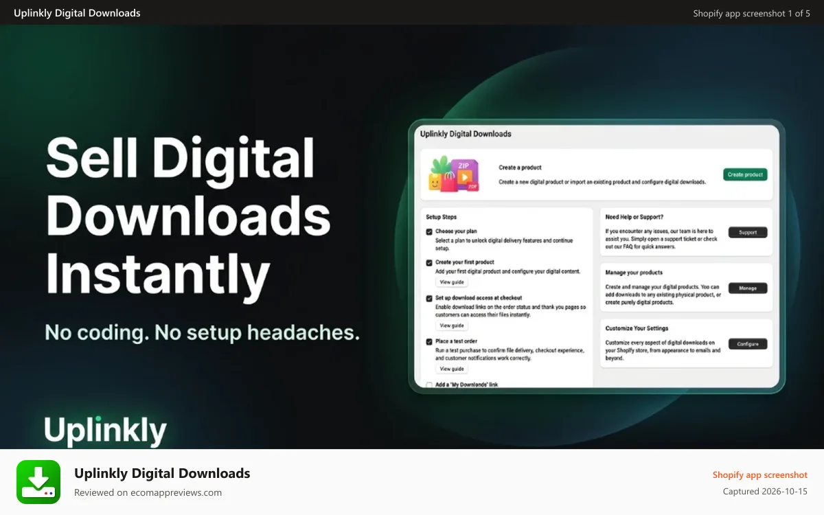 Uplinkly Digital Downloads Shopify app screenshot: Uplinkly Digital Downloads easy digital downloads