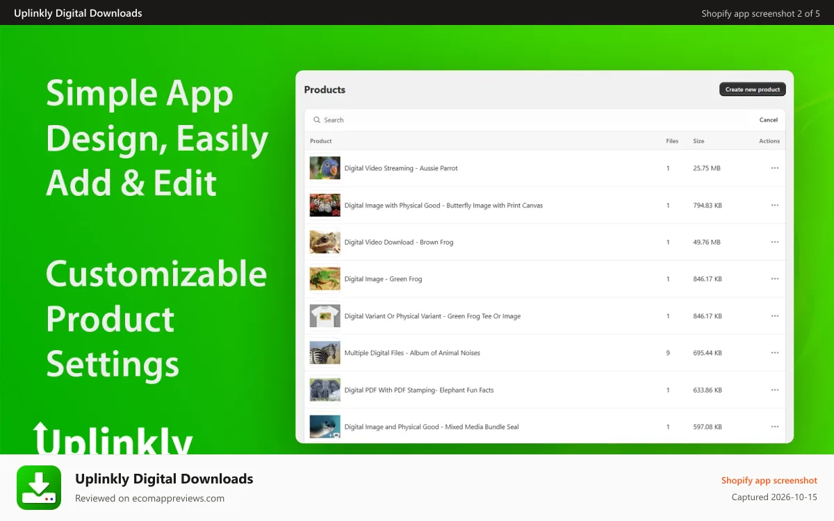 Uplinkly Digital Downloads Shopify app screenshot: Easy to use Dashboard Add and Edit or customise