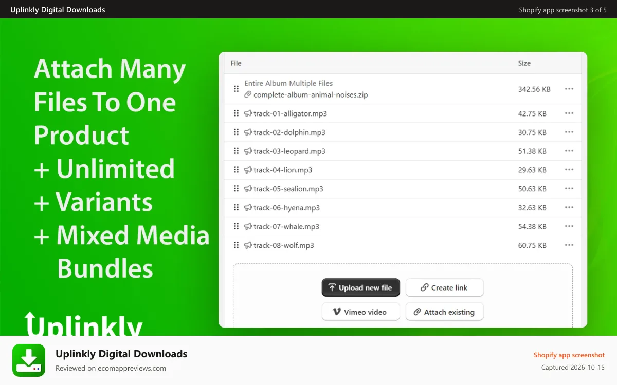 Uplinkly Digital Downloads Shopify app screenshot: Add multiple files, physical & digital variants and mixed media