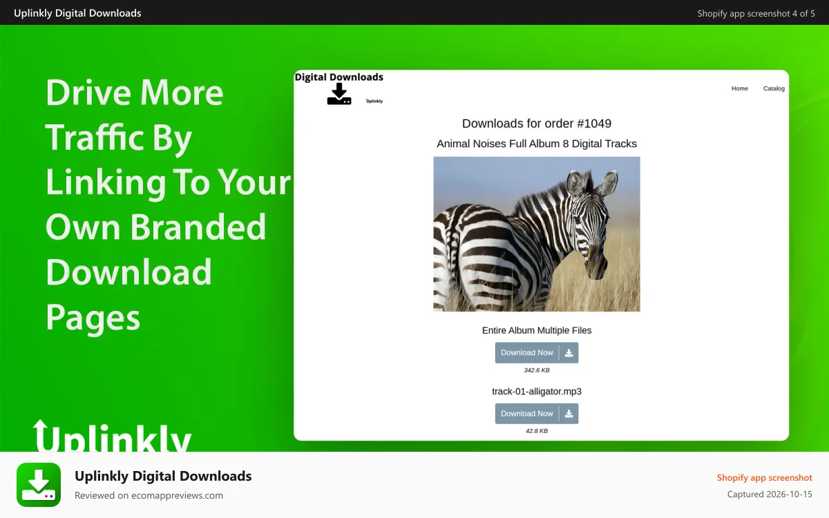 Uplinkly Digital Downloads Shopify app screenshot: Use templates and create branded download pages and emails