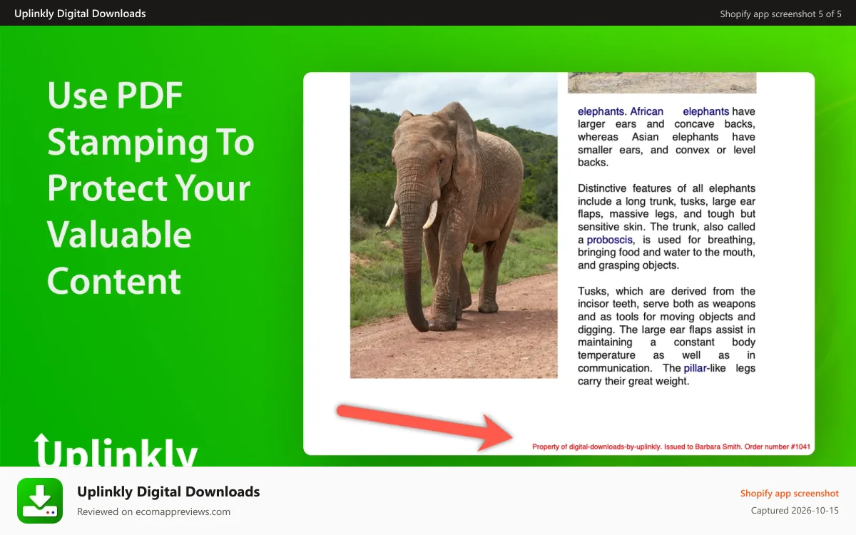 Uplinkly Digital Downloads Shopify app screenshot: Protect your PDFs by pdf stamping
