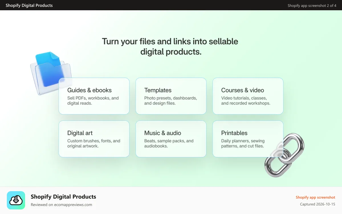 Shopify Digital Products Shopify app screenshot: Digital product types
