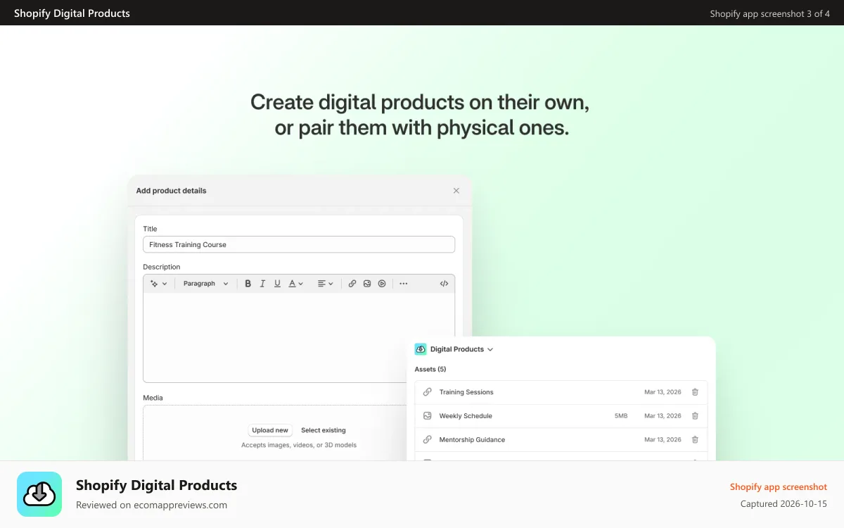 Shopify Digital Products Shopify app screenshot: Create digital products