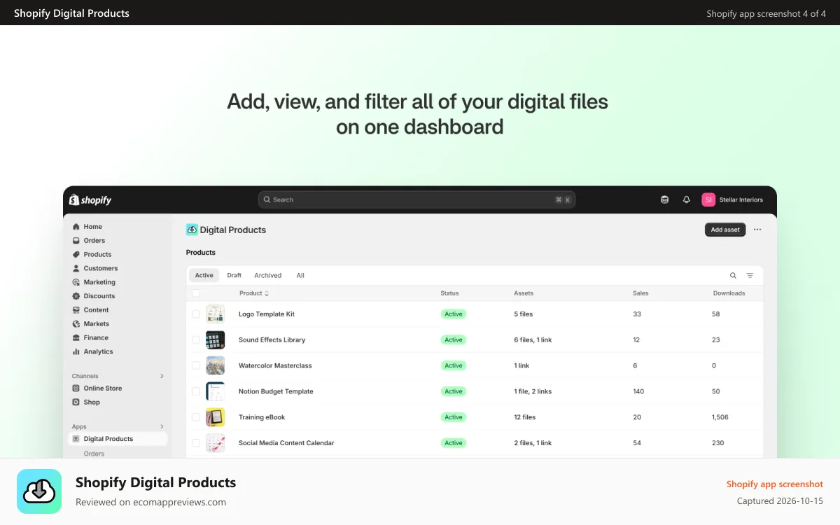 Shopify Digital Products Shopify app screenshot: Dashboard