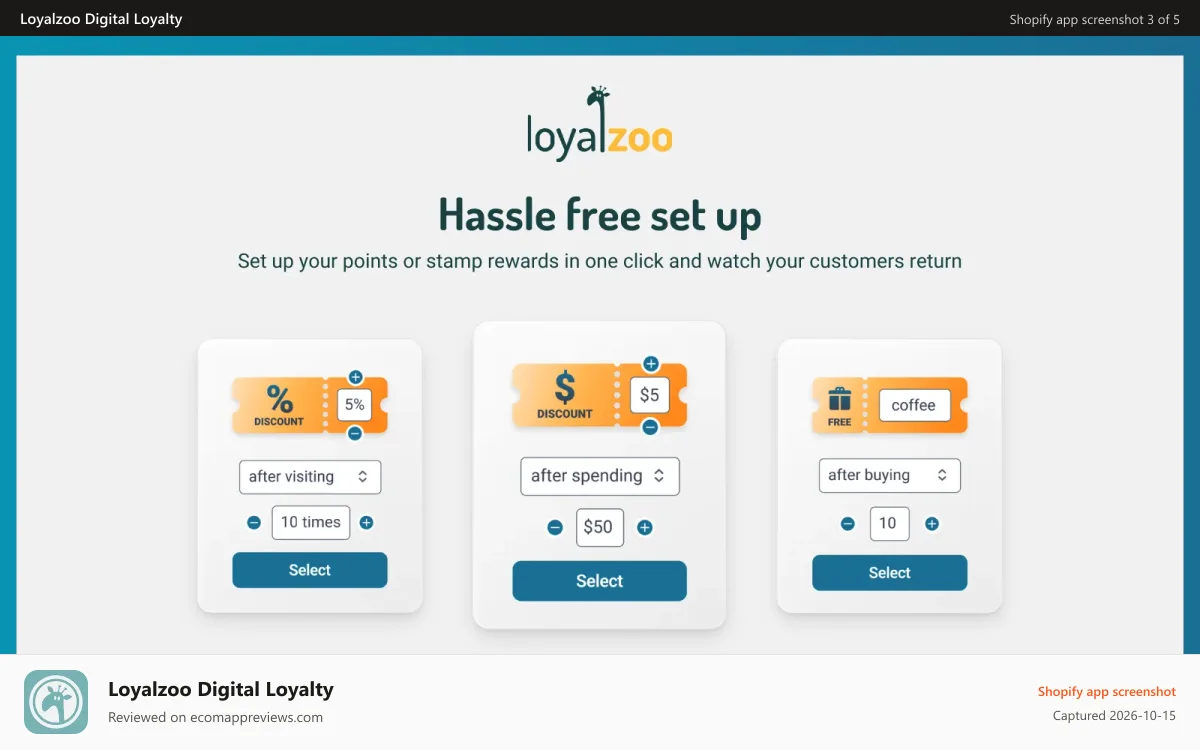 Loyalzoo Digital Loyalty Shopify app screenshot: Easy reward setup - get started in minutes