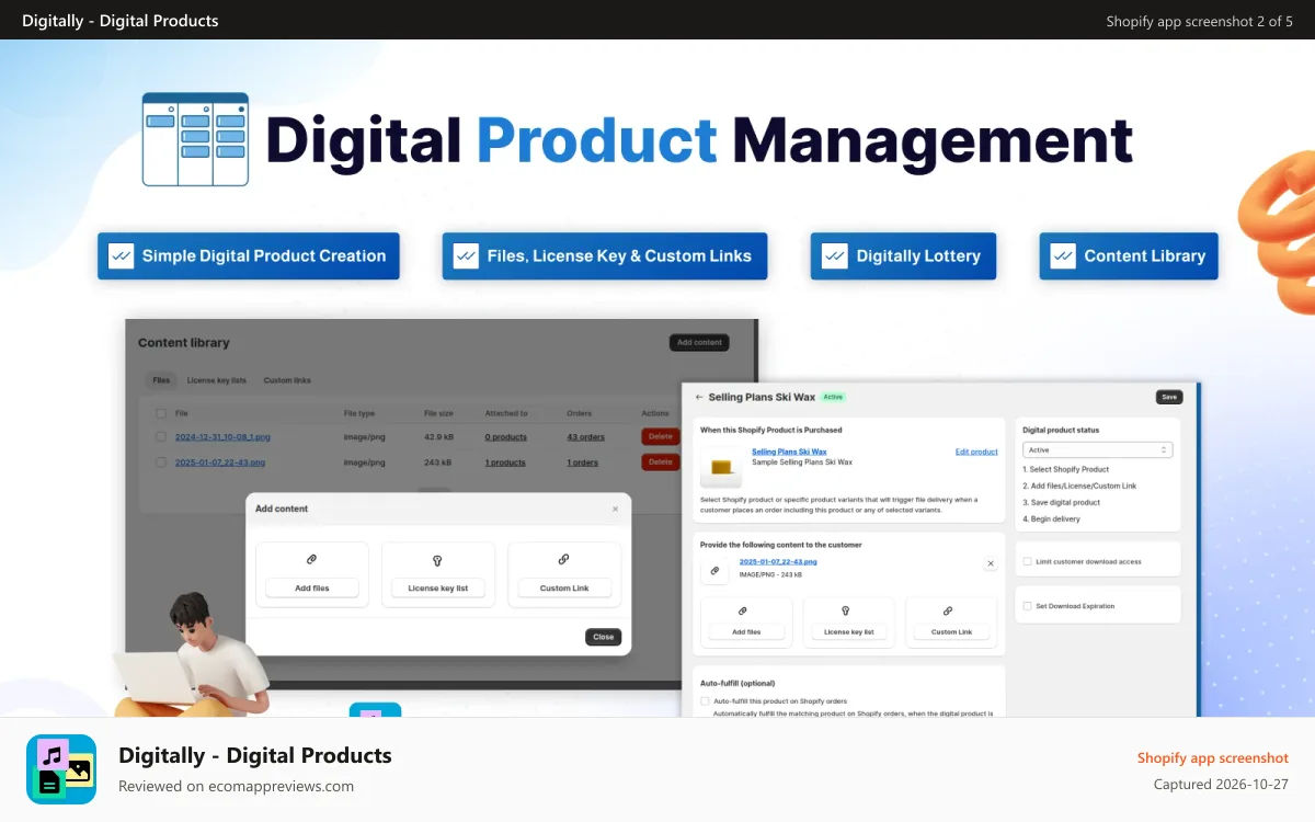 Digitally ‑ Digital Products Shopify app screenshot: Create digital products with files,license and custom links.