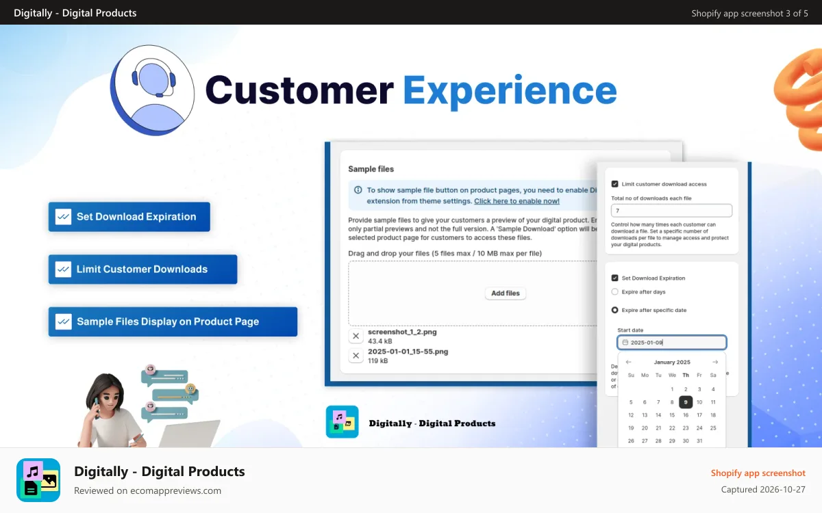 Digitally ‑ Digital Products Shopify app screenshot: Download limits, expiration and sample files on product page.