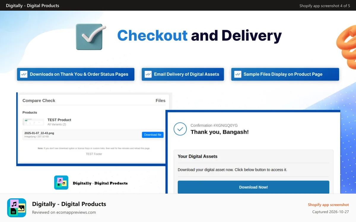 Digitally ‑ Digital Products Shopify app screenshot: Deliver Digital products on Checkout.