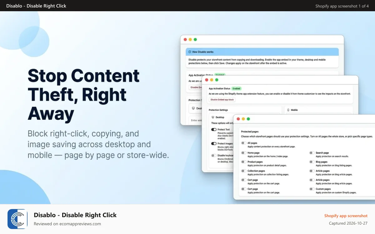 Disablo ‑ Disable Right Click Shopify app screenshot: disable right click