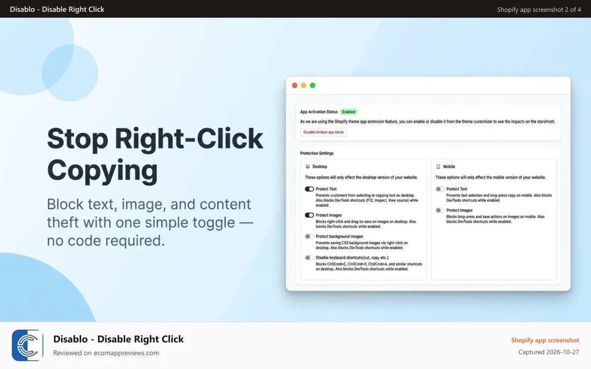 Disablo ‑ Disable Right Click Shopify app screenshot: App Dashboard
