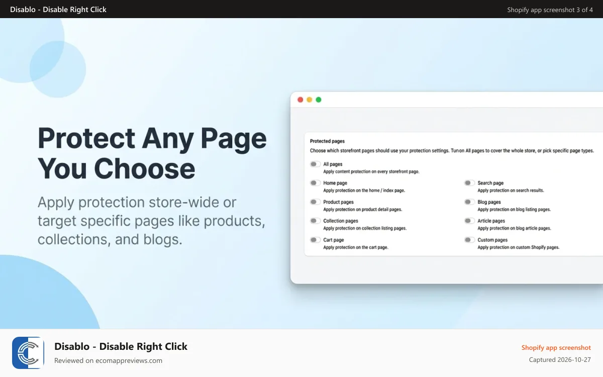Disablo ‑ Disable Right Click Shopify app screenshot: App Dashboard